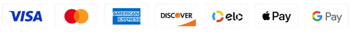 Accepted payment methods: Visa, Mastercard, American Express, Discover, Elo, Apple Pay, Google Pay