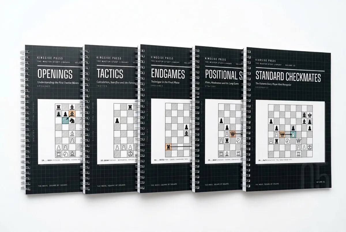 All five Kingside Press spiral-bound chess volumes fanned out
