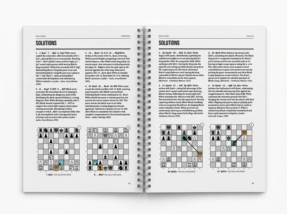 A Kingside Press volume open flat, showing chess diagrams beside written solutions